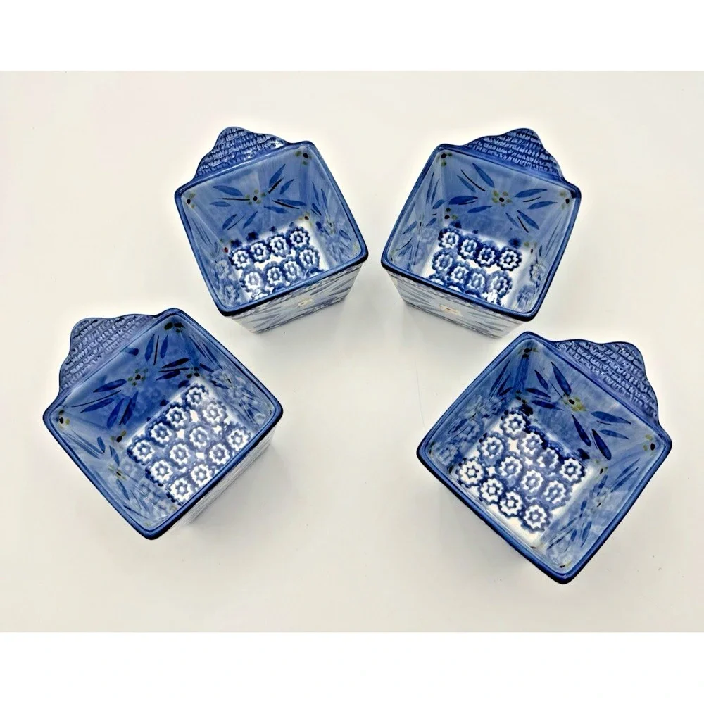 Temp-tations Old World Blue Set of 4 Mini Square Bakers Ramekins Handles